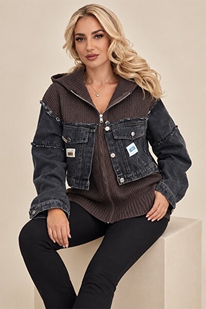 FashionForYou Πλεκτή ζακέτα LUREIA, με τζιν ένθετα και κουκούλα, Καφέ, Μέγεθο...