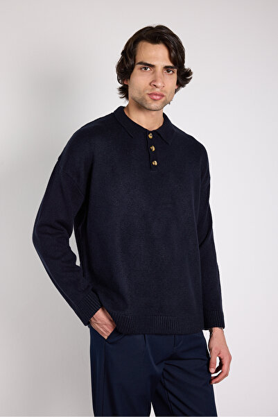 Mesfeno Oversize Polo Collar Buttoned Knit Sweater