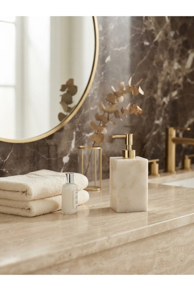 Polen Stone Polen Cream Marble Square Liquid Soap Dispenser - Gold Detailed 8...