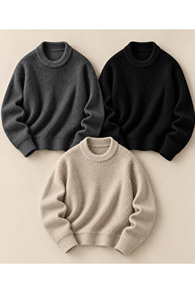DepoExport Women's 3-Piece Crew Neck Oversize Knitwear Sweater Soft Knitted S...