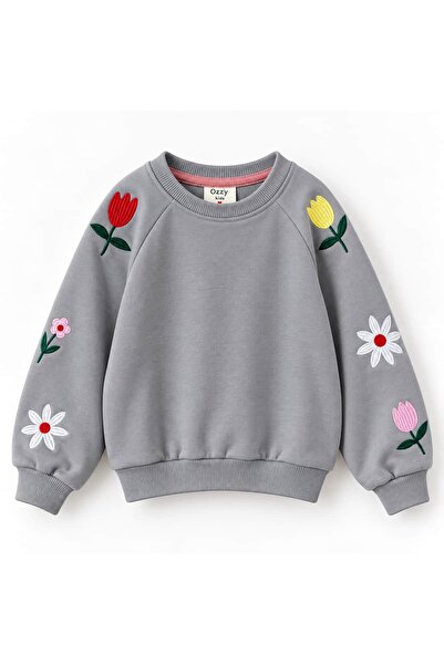OZZY KİDS Kız Çocuk Kolları Çiçek Nakışlı Sweatshirt