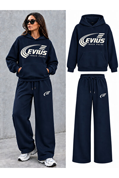 EVIus Oversize Track Pulse Printed Hooded 100% Cotton Wide Leg Sweatpants Set