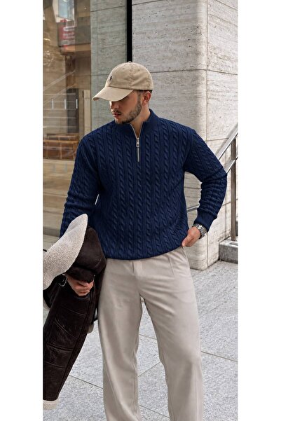 threeoff Men's Stand Collar Half Zipper Hair Knit Sweater