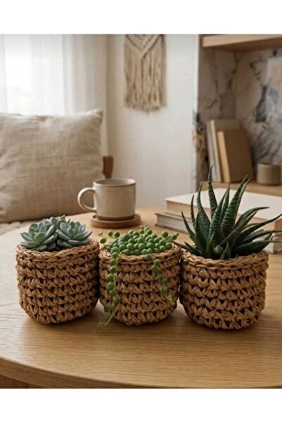 Eylül Deniz Handmade 3' lü Mini Hasır Sepetler, Dekoratif, Doğal Görünümlü, S...