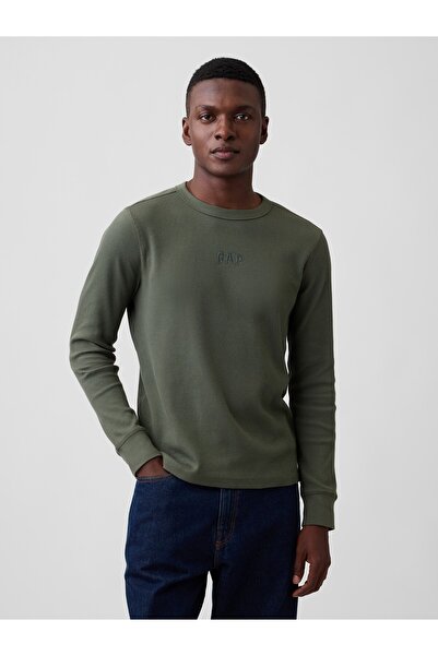 GAP Erkek Haki Waffle-Knit Bisiklet Yaka T-Shirt