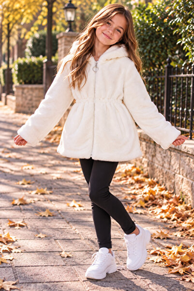 SERPİL Ss Gi̇yi̇m Girls' White Plush Coat – Hooded Zippered Furry Winter Coat...