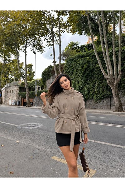 FEME Beige Belted New Season Lined Premium Quality Comfortable Fit Women's Ca...