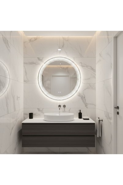 Alessandro DESIGN Oglinda LED Rotunda Nexos, 60cm, 24W, Lumina Calda/ Rece/ Neutra, Senzor, Sistem Dezaburire, Ceas, Dimabila