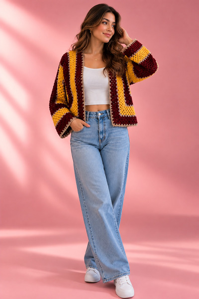 casa nexa Hand Knitted Bohemian Women's Cardigan – Burgundy Mustard Granny Square Vintage Knit Cardigan Hexagon Size m