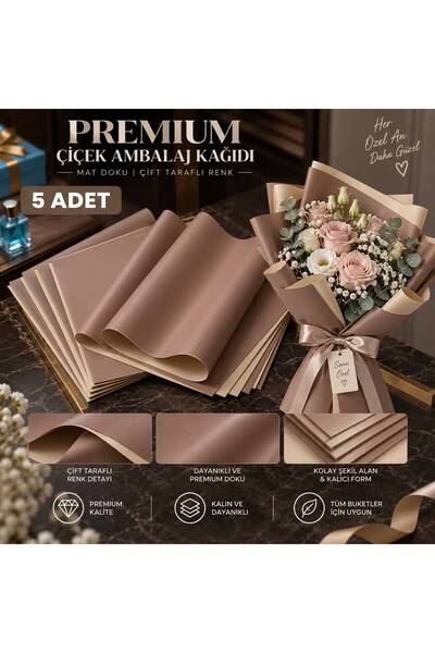 Lüks Mat Mauve & Bej Çift Taraflı Çiçek Buket Kağıdı OPP Su Geçirmez Hobi Ambalaj Kağıdı - 54.5 cmx54.5 cm - 5 Adet