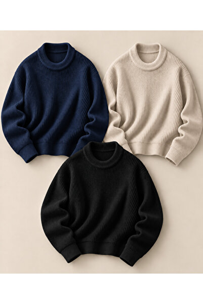 DepoExport Women's 3-Piece Crew Neck Oversize Knitwear Sweater Soft Knitted S...