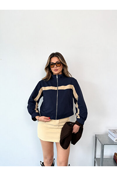 MERİDE Kadın Dik Yaka Fermuarlı Spor Bomber Ceket- 5067-L - Lacivert