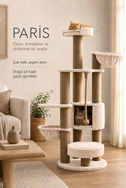 sawinno home&sleep Sawinno PARIS Çok Katlı Kedi Ağacı, Hamaklı Yuvalı Jüt Tır...