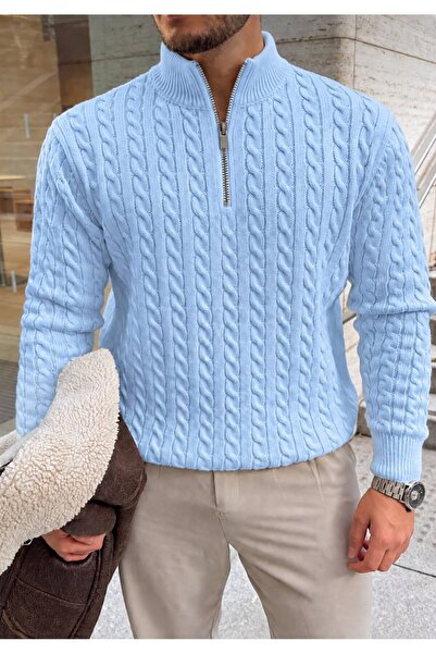 threeoff Men's Knitted Sweater with Stand Collar and Half Zipper, Slim Fit