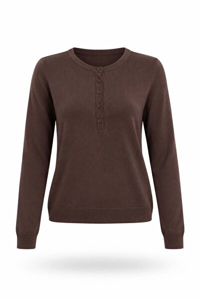 5in1Canpolat Brown Buttoned Crew Neck Knitwear 251372