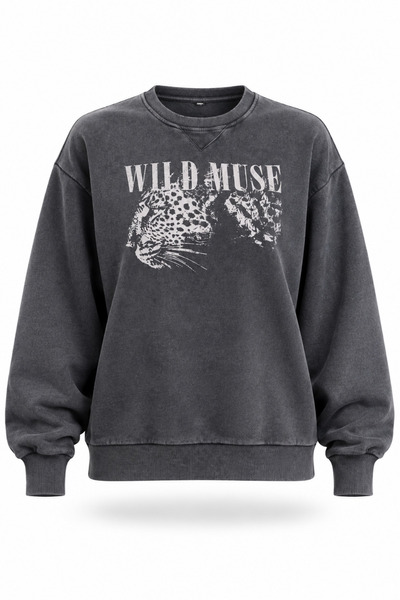 5in1Canpolat Anthracite Wild Muse Printed Sweatshirt 19106