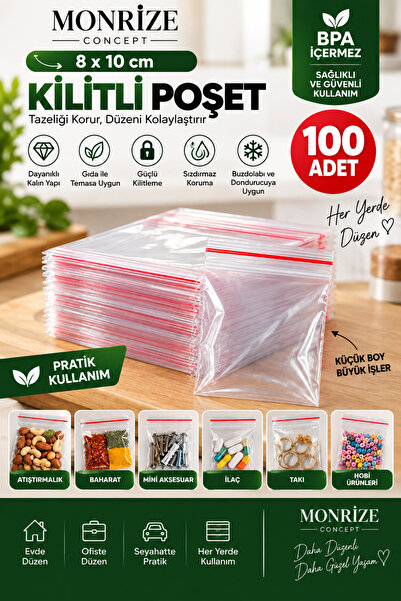Monrize Concept Kilitli Poşet 8x10 cm 100 Adet Şeffaf Mini Buzdolabı Gıda Sak...