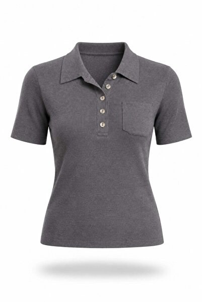 5in1Canpolat Anthracite Polo Collar Buttoned Short Sleeve Knitwear 140796