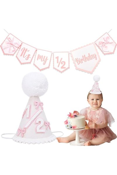 SYOSI Half Birthday Banner with Bow Hat, Pink 6 Months Party Decoration, High...