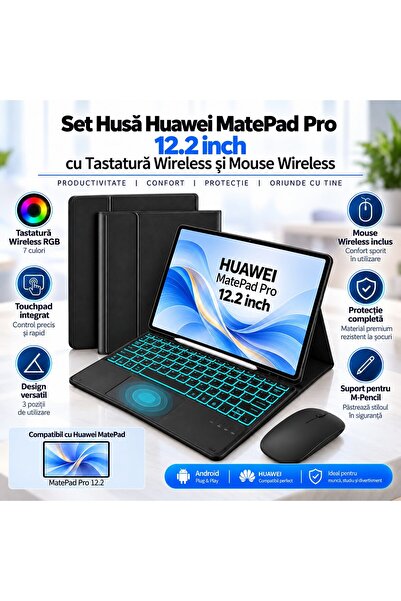 QOVU Set husă tabletă pentru Huawei MatePad Pro 12.2", Tastatură wireless RGB...