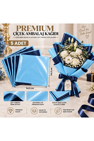 Lüks Bebe Mavisi & Lacivert Çift Taraflı Çiçek Buket Kağıdı OPP Su Geçirmez Ambalaj Hobi Kağıdı - 54.5 cmx54.5 cm - 5 li Paket