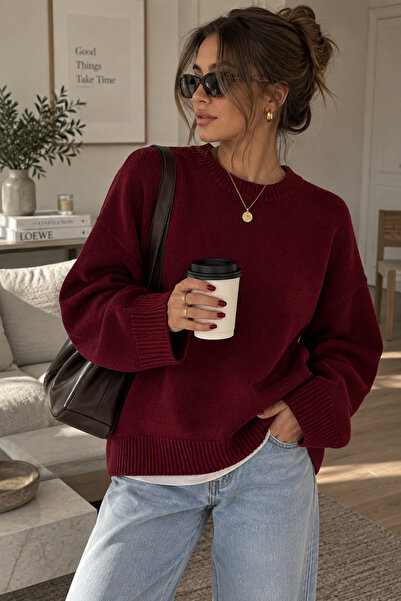 ZEMALINE Bordo Kadın Oversize Bisiklet Yaka Triko Kazak