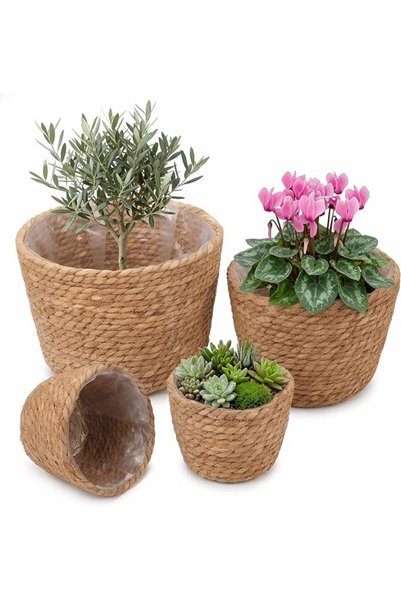 Lonimia Hand Woven Planter Basket: 4 Pack Plant Pots with Waterproof Plastic ...