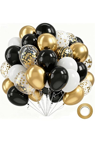 Tazweeq 60Pcs Black and Gold Balloon Set, White Pearl & Metallic Confetti Bal...