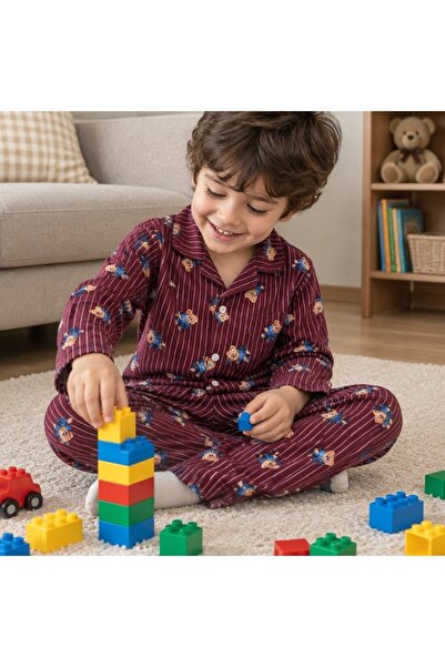 ARN HOMEWEAR ayıcık desenli çizgi detaylı süet kumaş çocuk pijama takımı