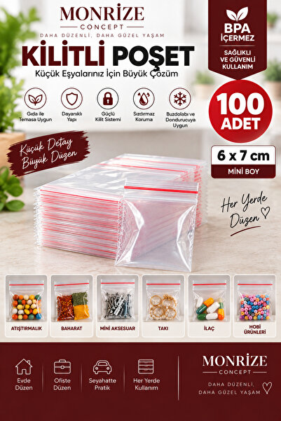 Monrize Concept Kilitli Poşet 6x7 cm 100 Adet Mini Boy Şeffaf Gıda Takı Akses...