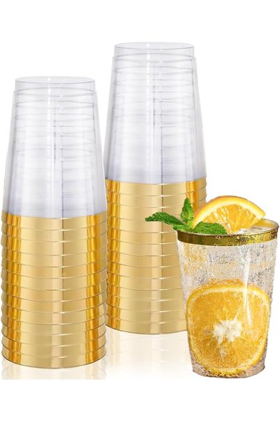 Generic Clear Disposable Cups, Hard Plastic Cups 300 ML with Gold Rim, Reusab...