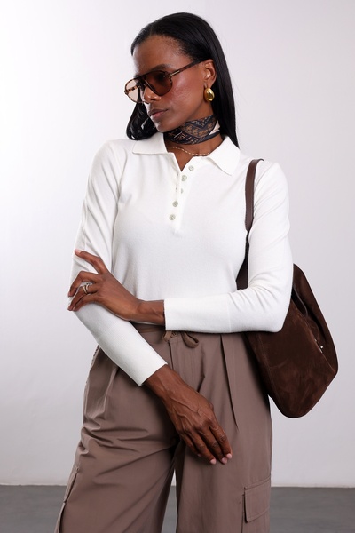 5in1Canpolat Ecru Polo Neck Lyocell Yarn Knitwear