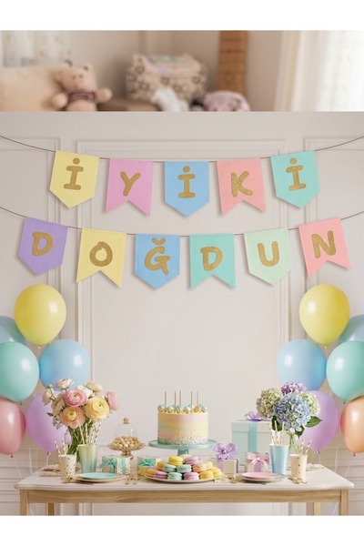 Minia Makaron Renkli İyiki Doğdun Banner Flama Seti - Pastel Tonlarda Doğum G...