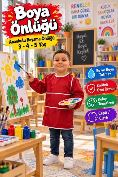 diğerr1 Anaokulu 3-4-5 yaş Kırmızı Boyama Önlüğü Su Geçirmez Özel Seri Unisex...