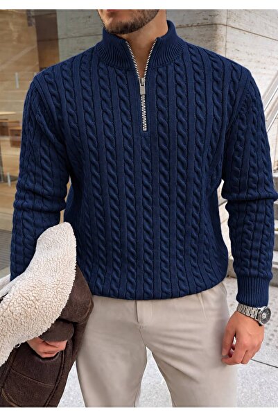 threeoff Men's Knitted Sweater with Stand Collar and Half Zipper, Slim Fit