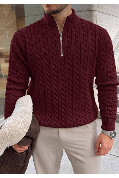 threeoff Men's Knitted Sweater with Stand Collar and Half Zipper, Slim Fit