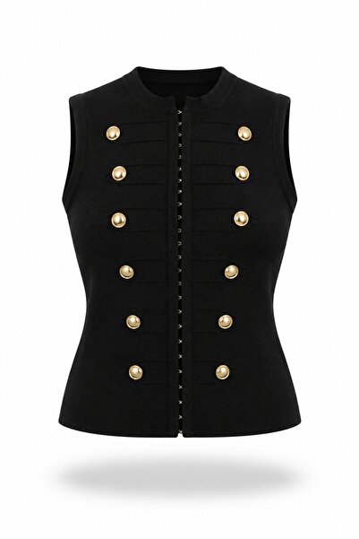 5in1Canpolat Black Gold Buttoned Knitwear Vest
