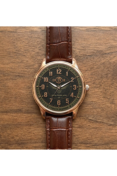 DUTCH STORE Men's Wristwatch - Clear Numerals Black Dial Brass Case Brown Lea...