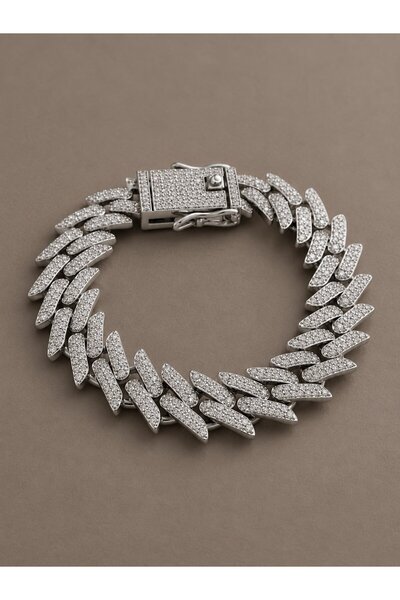 serelya Silver Color Zircon Stone Cuba Chain Model Men's Bracelet