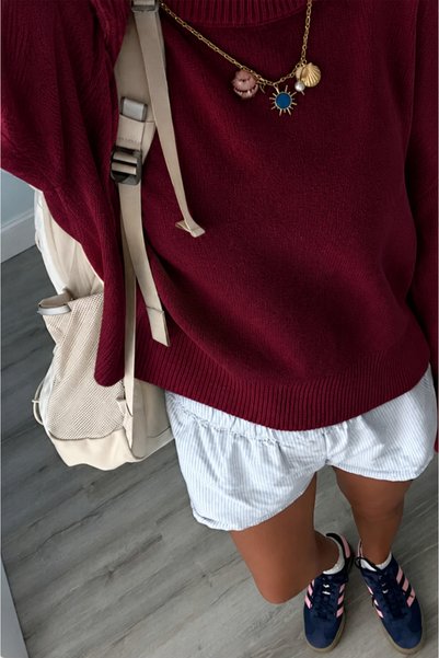 İLMERA Burgundy Crew Neck Oversized Women's Knit Sweater