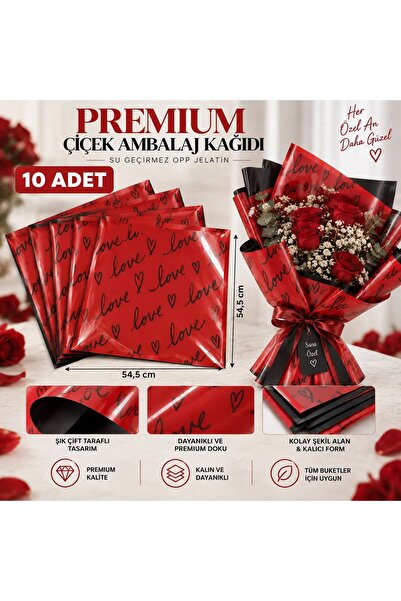 Lüks Kırmızı & Siyah Çift Taraflı LOVE Yazılı Çiçek Buket Kağıdı OPP Su Geçirmez Hobi Ambalaj Kağıdı - 54.5 cmx54.5 cm - 10 Adet