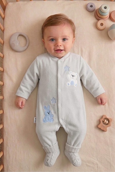 Baby Mii Ayı ve Tavşan Nakışlı Kadife Tulum