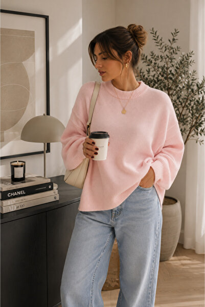 Pembe Kadın Oversize Bisiklet Yaka Triko Kazak