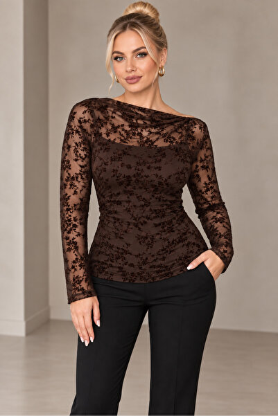 IŞILTI Women's Long Sleeve Tulle Sleeve Boat Neck Flock Printed Floral Patter...