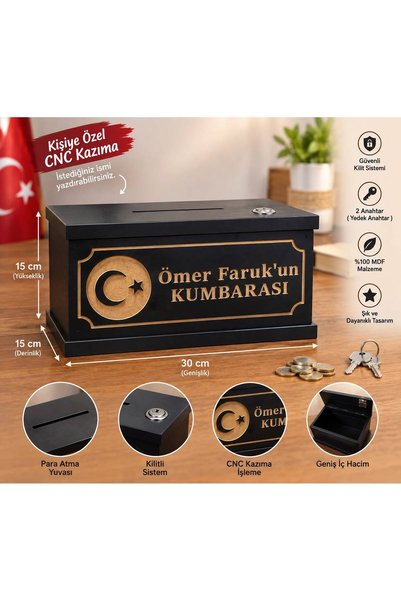 BOZKURT CNC Kumbara Kişiye Özel Kilitli 2 Adet Anahtarlı %100 MDF Kumbara Ve ...