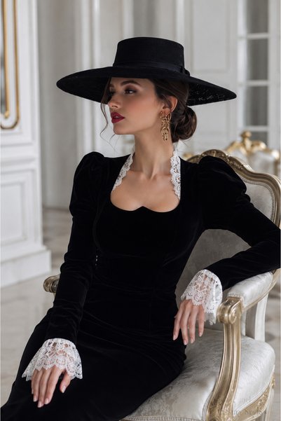 Dressia Velvet Fabric Dress with Guipure Details