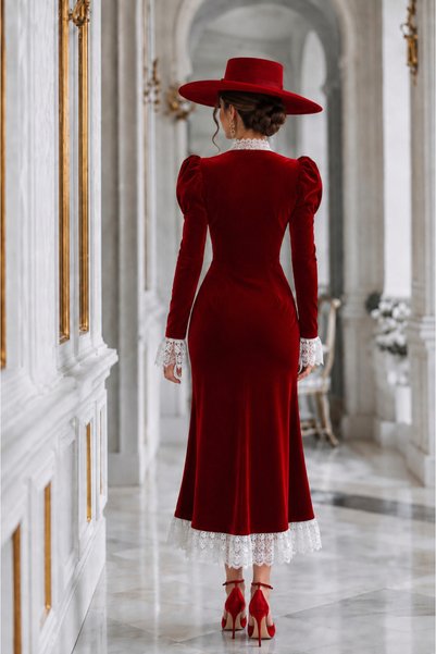 Dressia Velvet Fabric Dress with Guipure Details