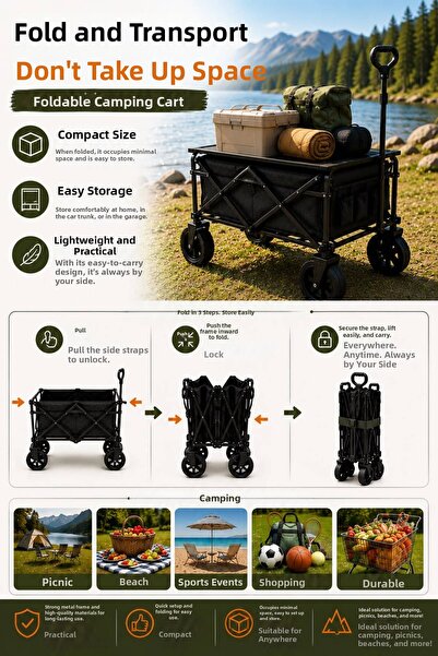Mestore Folding Camping Cart 130 kg Capacity Multi-Purpose Transport Cart wit...