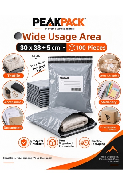 PEAKPACK حقيبة شحن رمادية بجيوب 30x38+5 سم 100 قطعة حقيبة شحن ذاتية اللصق