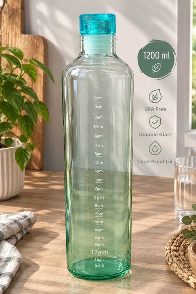 ÇEMİ Motivational Time-Stamped Glass Water Bottle 1200 ml Leak-Proof Lid Gree...
